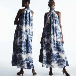COS Printed Halterneck Maxi Dress in Blue Toile Linen